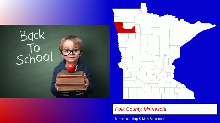 the back-to-school concept; Polk County, Minnesota highlighted in red on a map