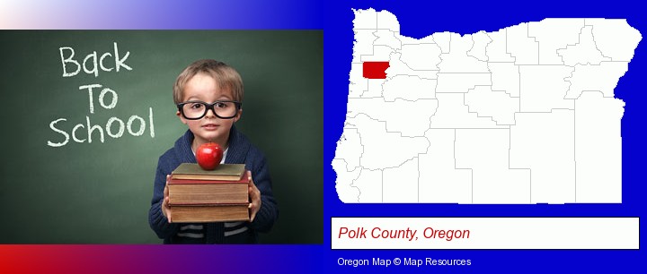 the back-to-school concept; Polk County, Oregon highlighted in red on a map