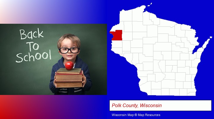 the back-to-school concept; Polk County, Wisconsin highlighted in red on a map