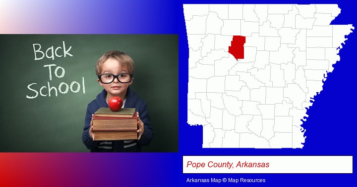 the back-to-school concept; Pope County, Arkansas highlighted in red on a map