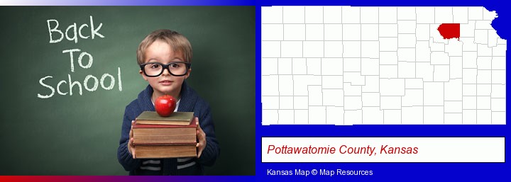 the back-to-school concept; Pottawatomie County, Kansas highlighted in red on a map