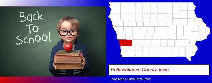 the back-to-school concept; Pottawattamie County, Iowa highlighted in red on a map