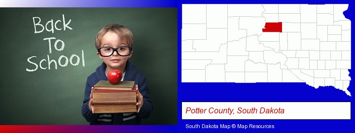 the back-to-school concept; Potter County, South Dakota highlighted in red on a map