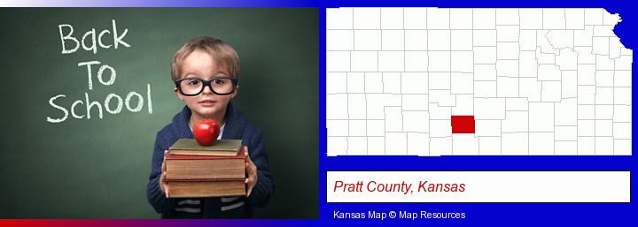the back-to-school concept; Pratt County, Kansas highlighted in red on a map