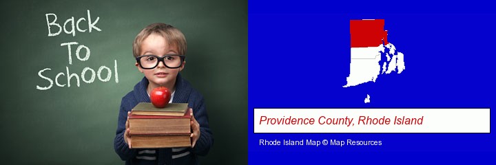 the back-to-school concept; Providence County, Rhode Island highlighted in red on a map