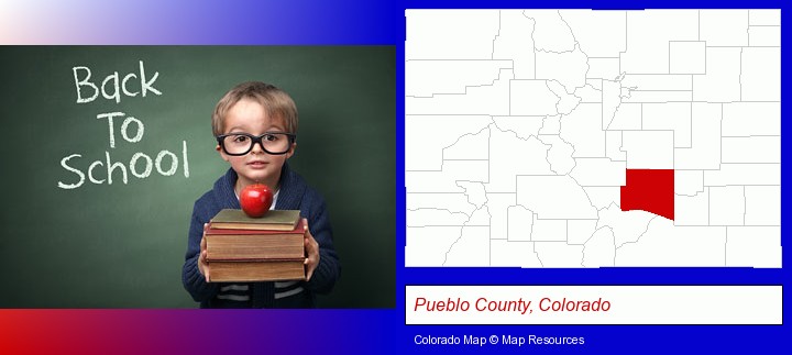 the back-to-school concept; Pueblo County, Colorado highlighted in red on a map