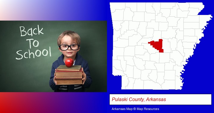 the back-to-school concept; Pulaski County, Arkansas highlighted in red on a map
