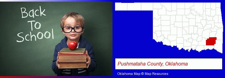 the back-to-school concept; Pushmataha County, Oklahoma highlighted in red on a map