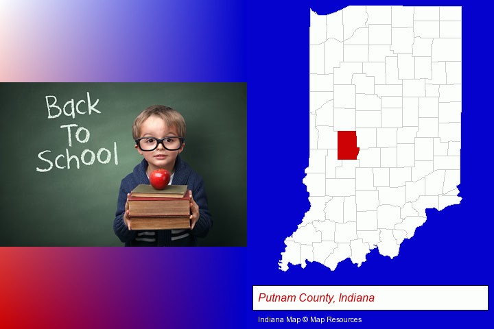 the back-to-school concept; Putnam County, Indiana highlighted in red on a map