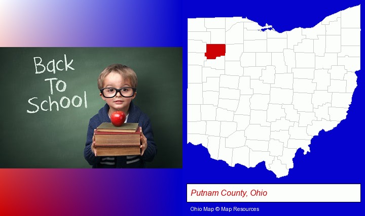 the back-to-school concept; Putnam County, Ohio highlighted in red on a map
