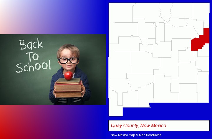 the back-to-school concept; Quay County, New Mexico highlighted in red on a map