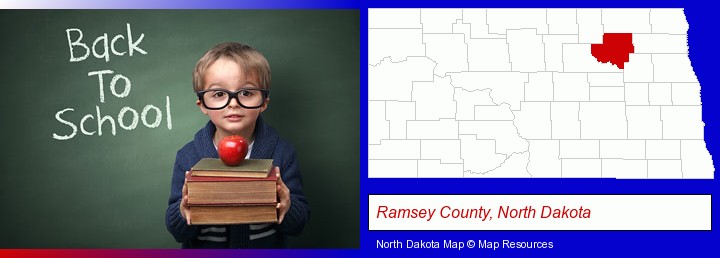 the back-to-school concept; Ramsey County, North Dakota highlighted in red on a map