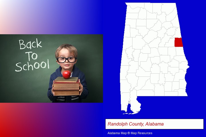 the back-to-school concept; Randolph County, Alabama highlighted in red on a map