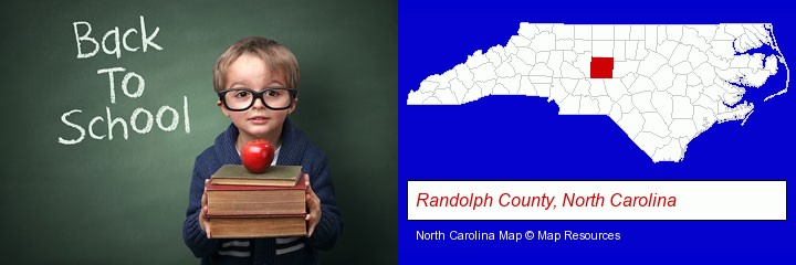 the back-to-school concept; Randolph County, North Carolina highlighted in red on a map