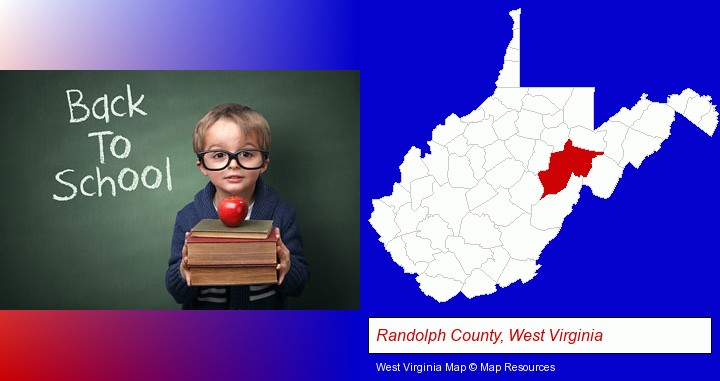 the back-to-school concept; Randolph County, West Virginia highlighted in red on a map