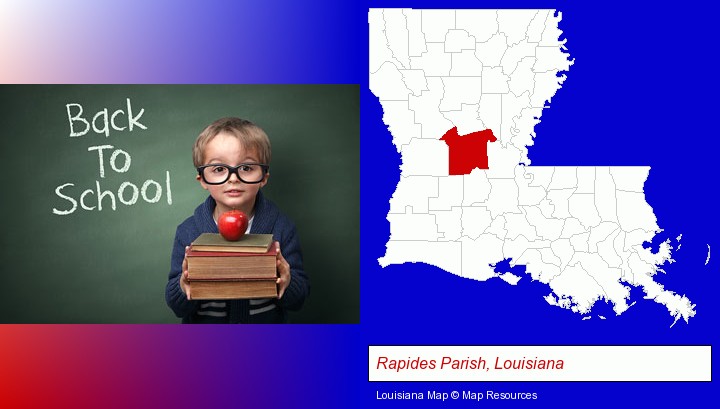the back-to-school concept; Rapides Parish, Louisiana highlighted in red on a map