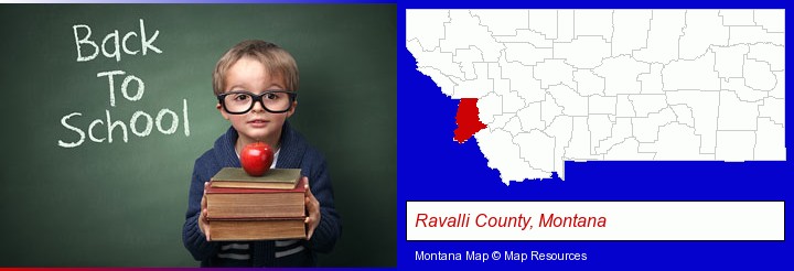 the back-to-school concept; Ravalli County, Montana highlighted in red on a map
