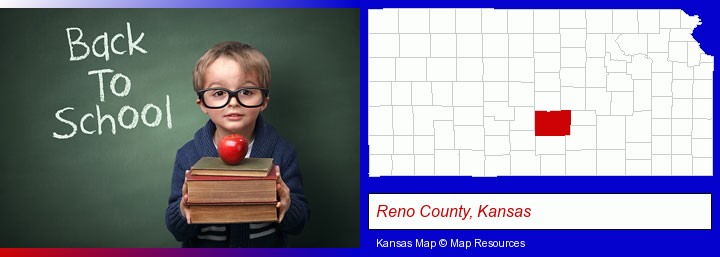the back-to-school concept; Reno County, Kansas highlighted in red on a map