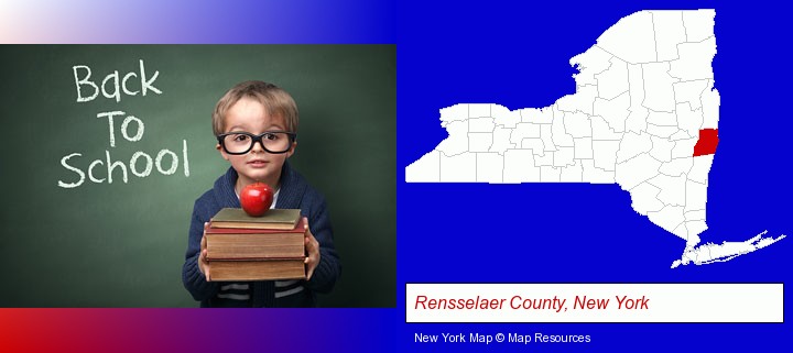 the back-to-school concept; Rensselaer County, New York highlighted in red on a map