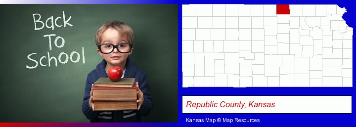 the back-to-school concept; Republic County, Kansas highlighted in red on a map