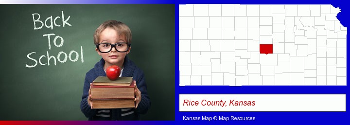 the back-to-school concept; Rice County, Kansas highlighted in red on a map