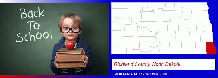 the back-to-school concept; Richland County, North Dakota highlighted in red on a map