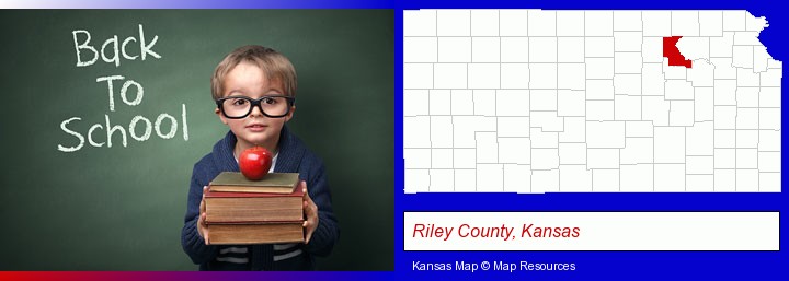 the back-to-school concept; Riley County, Kansas highlighted in red on a map