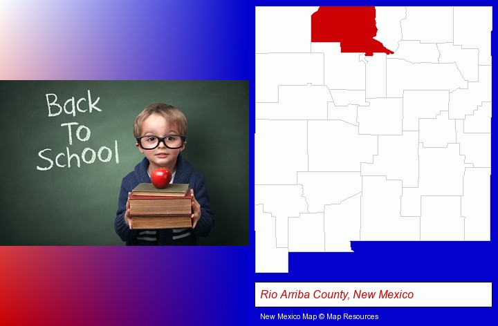 the back-to-school concept; Rio Arriba County, New Mexico highlighted in red on a map