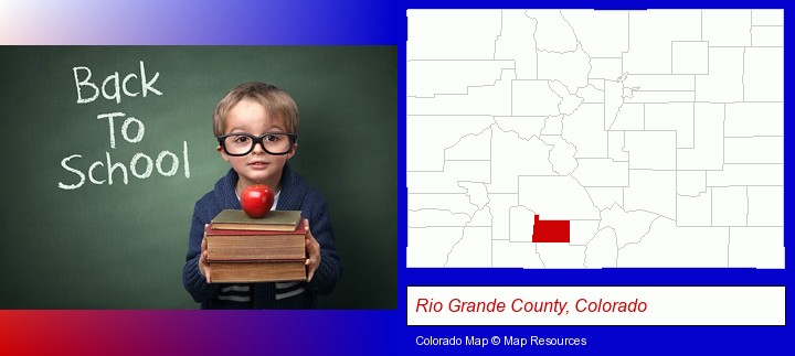 the back-to-school concept; Rio Grande County, Colorado highlighted in red on a map