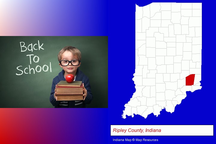 the back-to-school concept; Ripley County, Indiana highlighted in red on a map