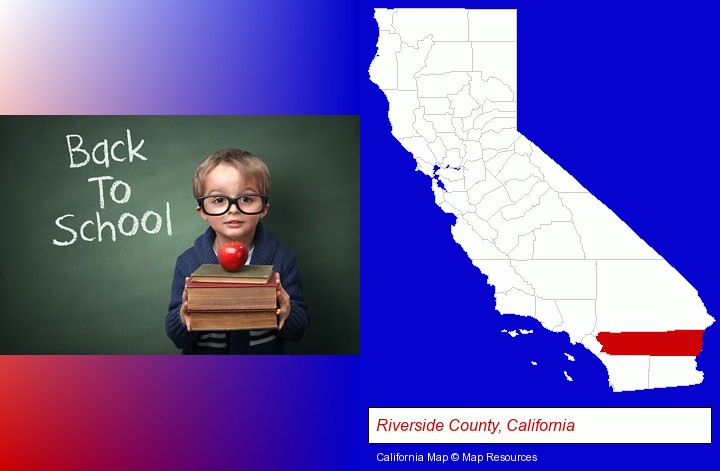 the back-to-school concept; Riverside County, California highlighted in red on a map