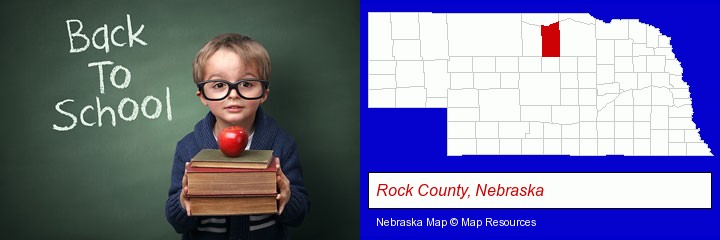 the back-to-school concept; Rock County, Nebraska highlighted in red on a map