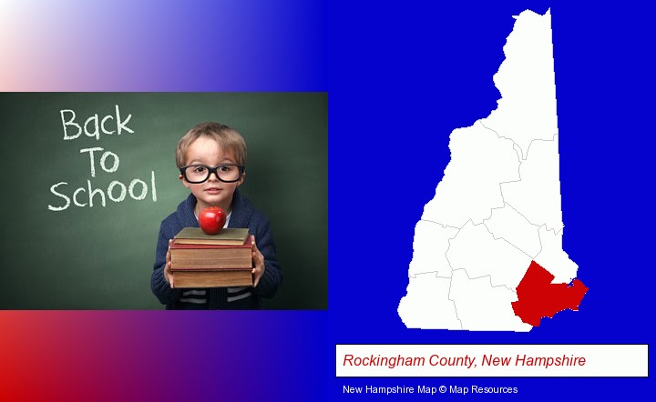 the back-to-school concept; Rockingham County, New Hampshire highlighted in red on a map