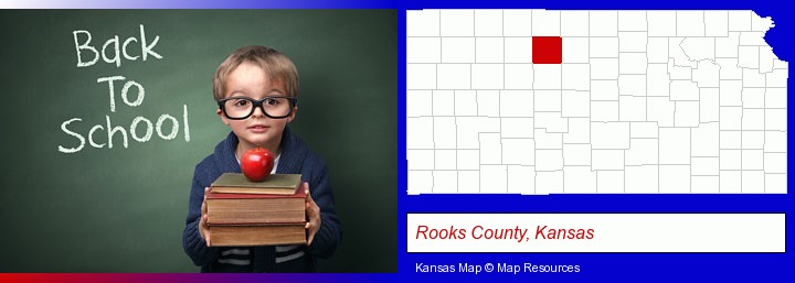 the back-to-school concept; Rooks County, Kansas highlighted in red on a map