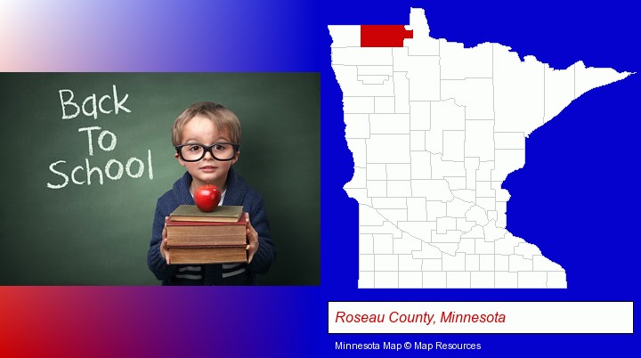 the back-to-school concept; Roseau County, Minnesota highlighted in red on a map