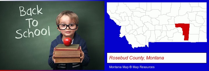 the back-to-school concept; Rosebud County, Montana highlighted in red on a map