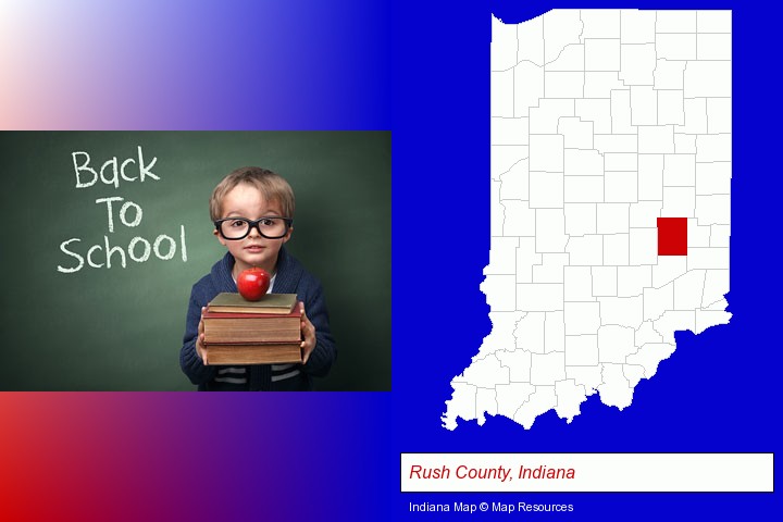the back-to-school concept; Rush County, Indiana highlighted in red on a map