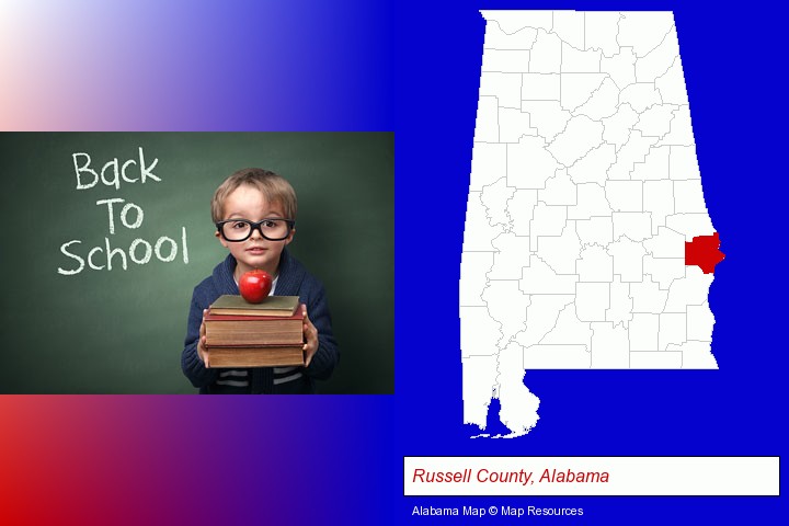the back-to-school concept; Russell County, Alabama highlighted in red on a map