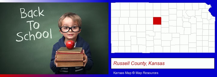 the back-to-school concept; Russell County, Kansas highlighted in red on a map