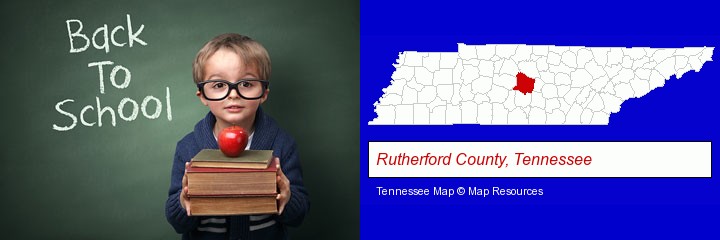 the back-to-school concept; Rutherford County, Tennessee highlighted in red on a map