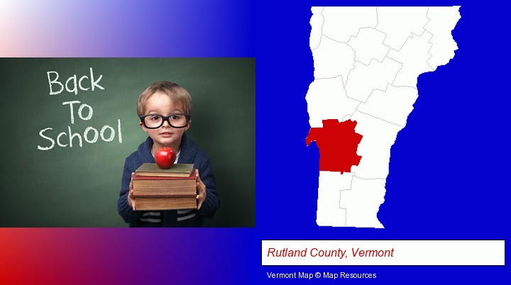 the back-to-school concept; Rutland County, Vermont highlighted in red on a map