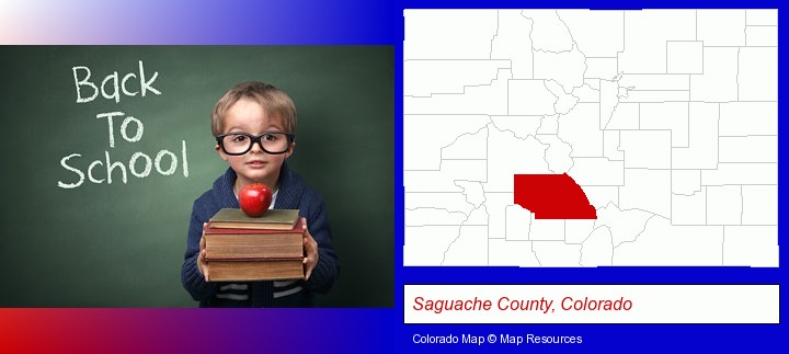 the back-to-school concept; Saguache County, Colorado highlighted in red on a map