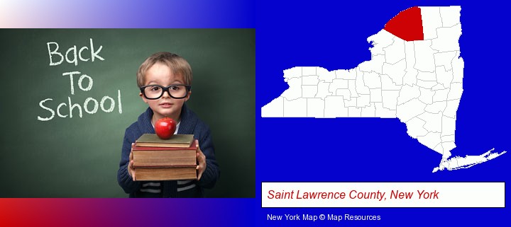 the back-to-school concept; Saint Lawrence County, New York highlighted in red on a map