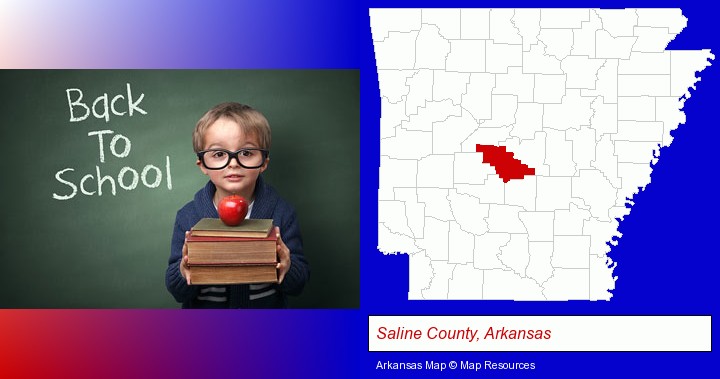the back-to-school concept; Saline County, Arkansas highlighted in red on a map