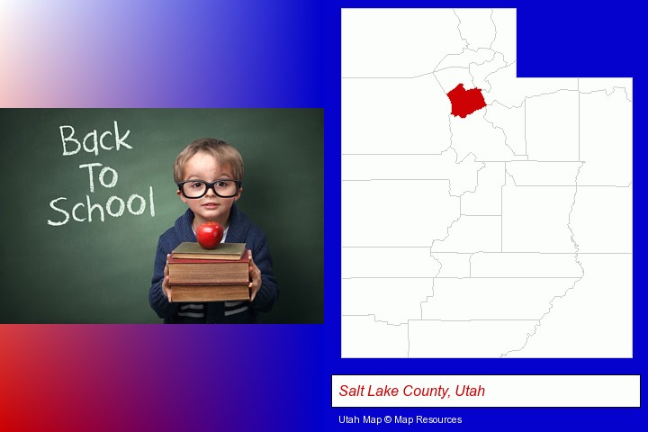 the back-to-school concept; Salt Lake County, Utah highlighted in red on a map
