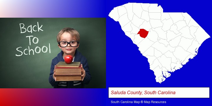 the back-to-school concept; Saluda County, South Carolina highlighted in red on a map