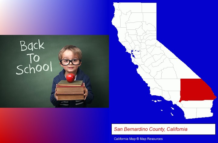 the back-to-school concept; San Bernardino County, California highlighted in red on a map