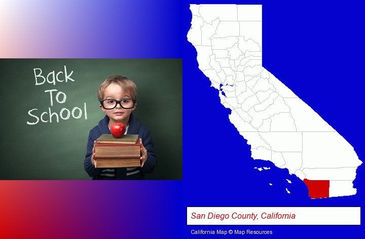 the back-to-school concept; San Diego County, California highlighted in red on a map