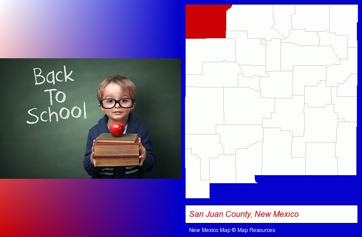 the back-to-school concept; San Juan County, New Mexico highlighted in red on a map
