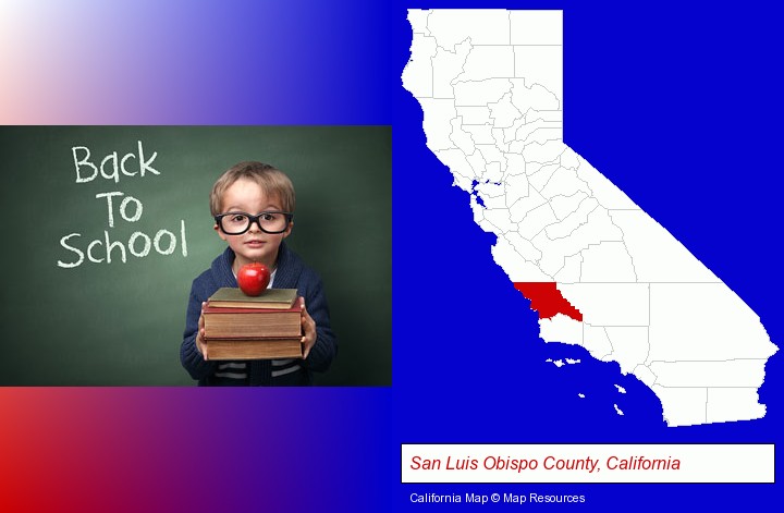 the back-to-school concept; San Luis Obispo County, California highlighted in red on a map